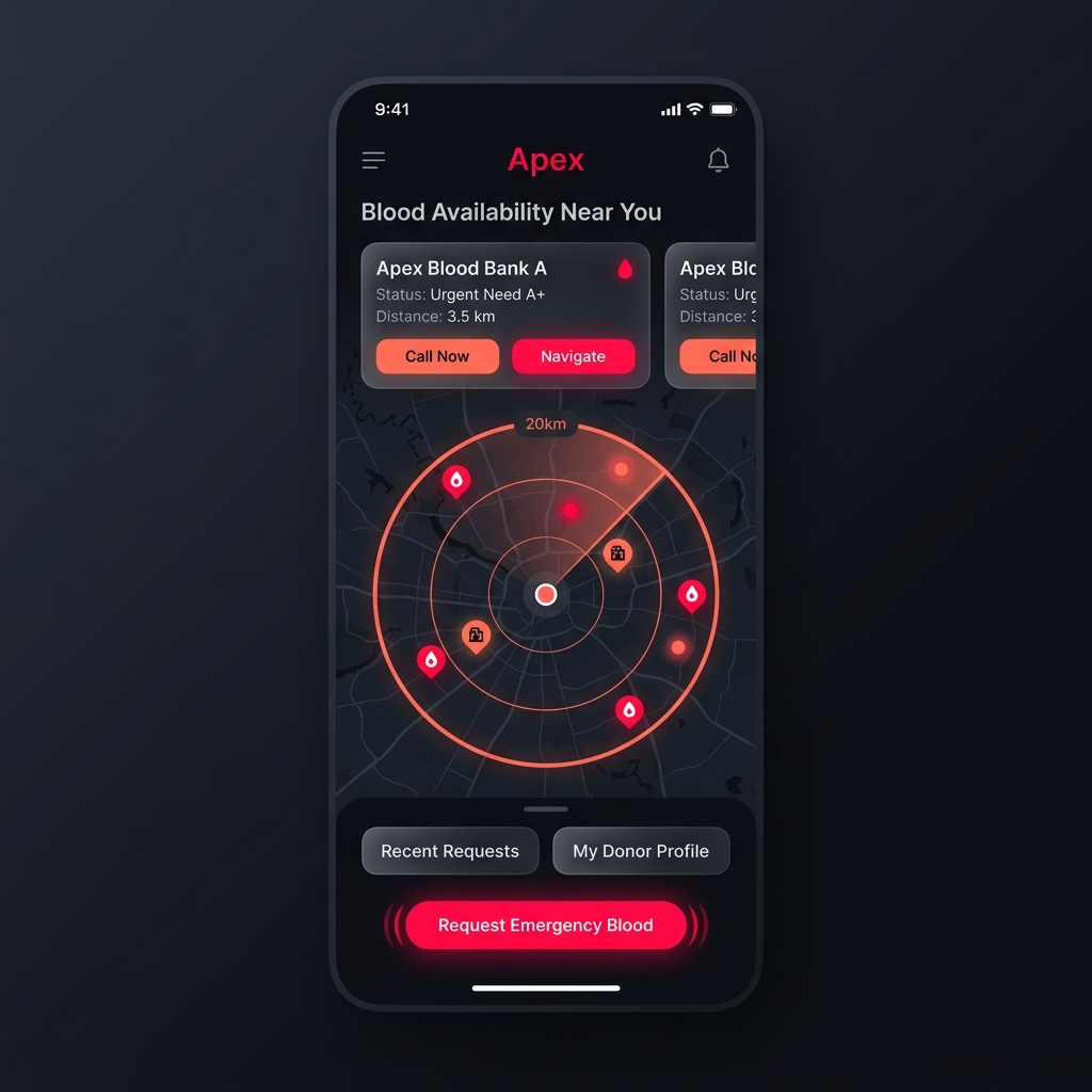 Apex Blood Request Broadcast Dashboard Mockup
